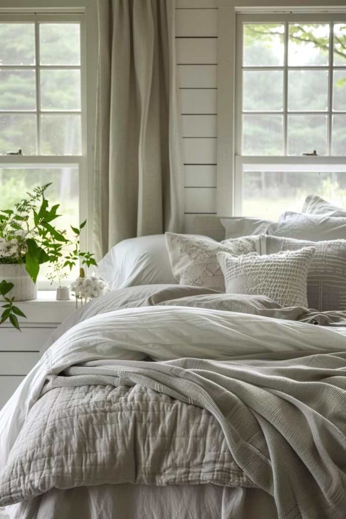This space effortlessly incorporates touches of greenery and seamlessly brings a touch of nature into the home. The green accents pair beautifully with the earthy gray and cream tones of the bedding, creating a calm and harmonious atmosphere reminiscent of an oasis of calm.
