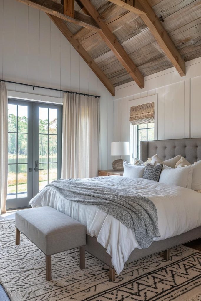 The sharp lines of a modern gray headboard stand out as a striking focal point in this room, offering a modern take on farmhouse simplicity.
