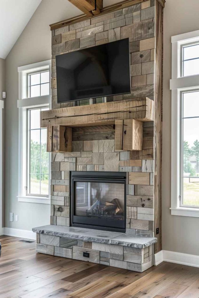 A chunky wood-burning fireplace adds a touch of whimsical charm to the sleek lines of the modern farmhouse fireplace, creating a captivating visual focal point that gives the room a sense of rustic elegance and inviting charm.