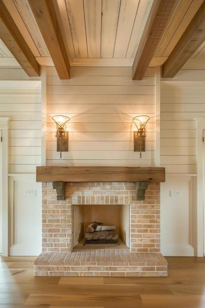 The brickwork, painted in soft and muted tones, serves as a perfect complement to the rustic farmhouse fireplace, giving the room a homely and undeniably beautiful atmosphere.