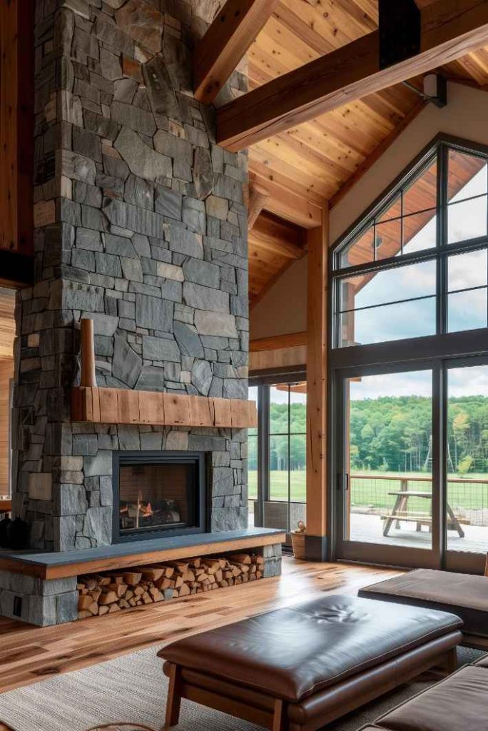 The sturdy natural stone fireplace anchors the living space with its calm and unwavering presence, serving as an undeniable focal point in this farmhouse's interior design.