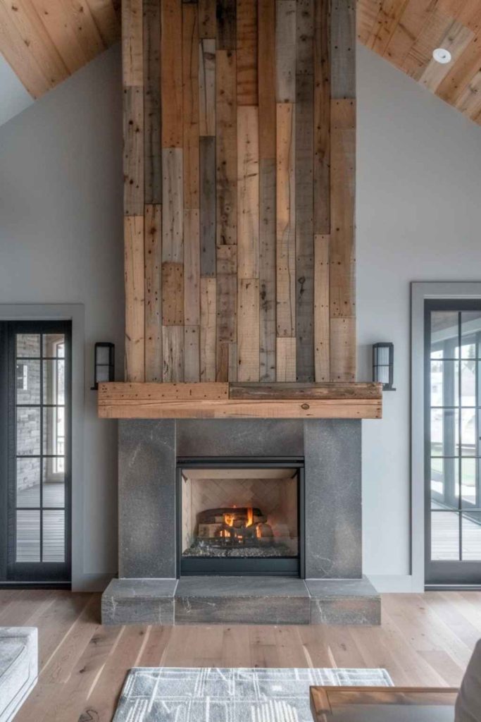 Above the mantel, the addition of wood panels not only enhances the visual appeal of the neutral farmhouse fireplace, but also adds depth and intrigue to the overall design.