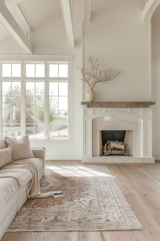 Subtle pastel tones delicately scattered around the farmhouse fireplace serve as gentle accents, giving the space a sense of softness and vibrancy that complements its quiet strength.