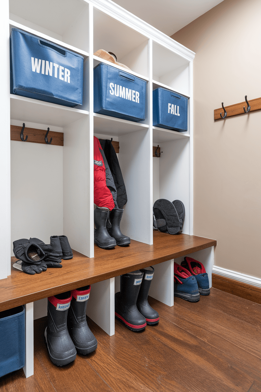 Organized mud room with seasonal bins labeled for winter, summer and fall, as well as hooks for coats and a bench to sit on.