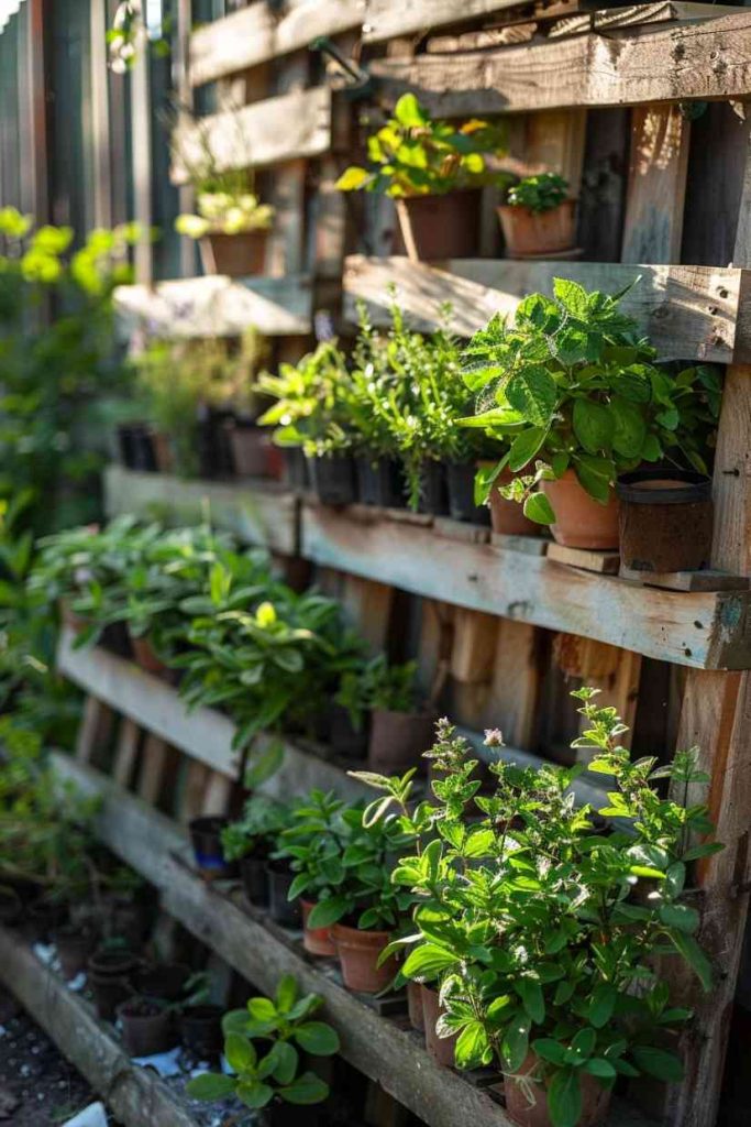 Recycled wooden pallets lean casually against a sun-drenched fence and transform into a rustic herb paradise.
