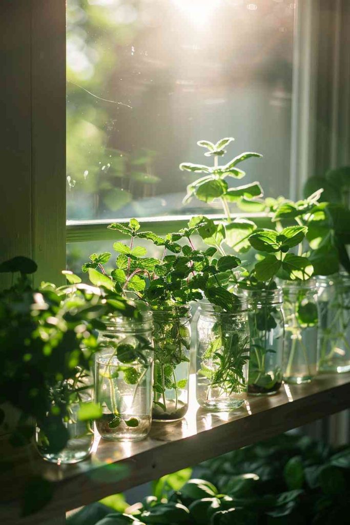 Crystalline mason jars lined up on polished floating shelves house an exquisite selection of water-rooted herbs.