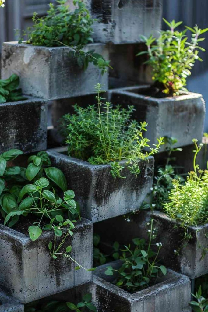 The open cavities of the blocks are filled with lush green herbs such as basil, thyme and rosemary, creating a contrast between the industrial gray concrete and the vibrant green.