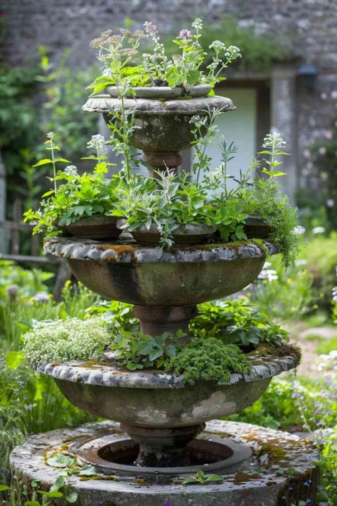 The tiered bowls of an old well come back to life and serve as a place for falling herbs.