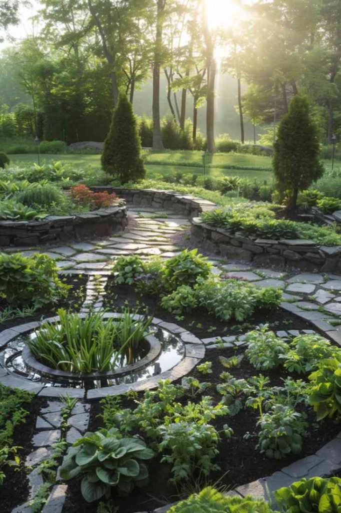 Harmony emanates from a circular herb garden, the center of which is a water ballet of water.