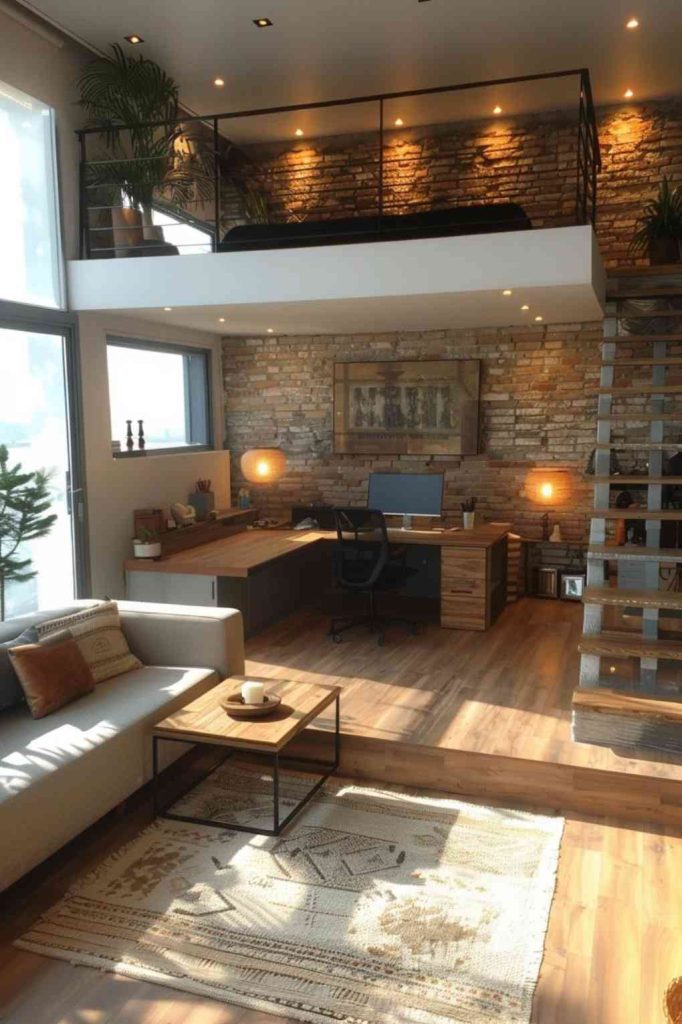 A modern loft bedroom with a conscious and streamlined design, using wood, brick, glass and steel for clear room layouts.