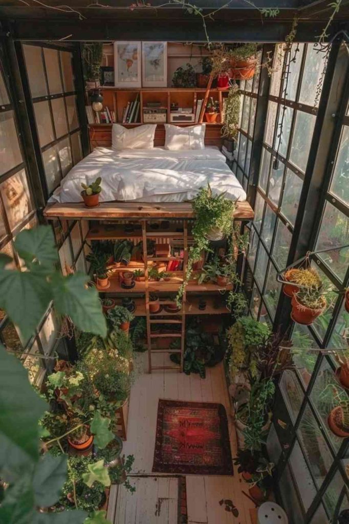 This greenhouse with a loft features a charming upper level that provides a cozy nook amidst the lush vegetation. The attic provides a secluded retreat from which to enjoy the beautiful views of the green plants thriving below.