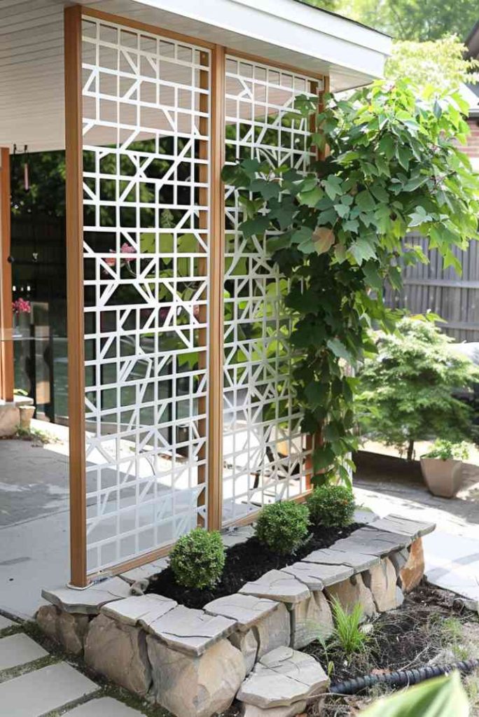 Designed for modern gardens, a geometric wooden trellis features a minimalist design with sharp angles and straight lines.
