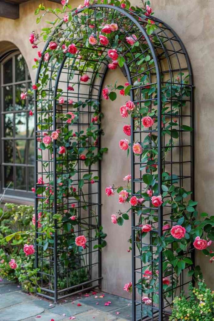 A slim metal trellis combines industrial charm with robust practicality to form a sturdy trellis for climbing roses and vines.