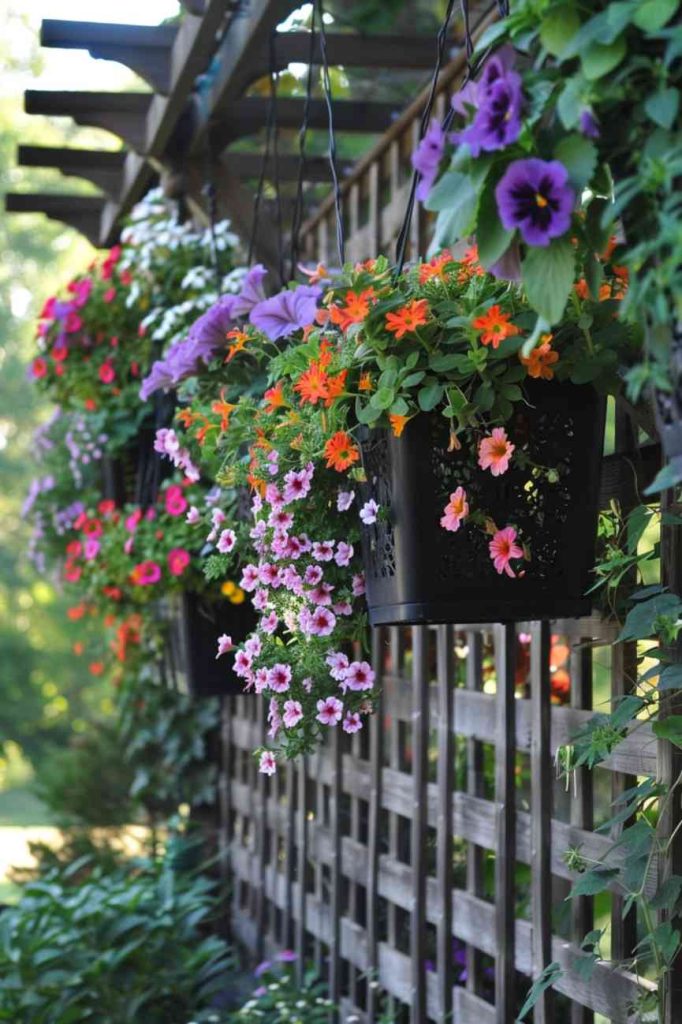 Adorn your trellis with adorable hanging pots to create a vertical display in which the pots dangle gracefully and cradle petunias and marigolds.