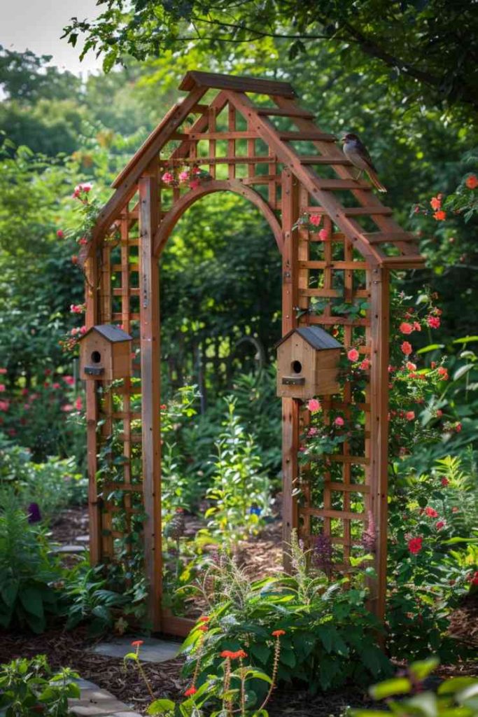 A trellis with birdhouse accents serves as an enchanting haven for birds. Its sturdy frame is decorated with quaint little houses that attract bird visitors.