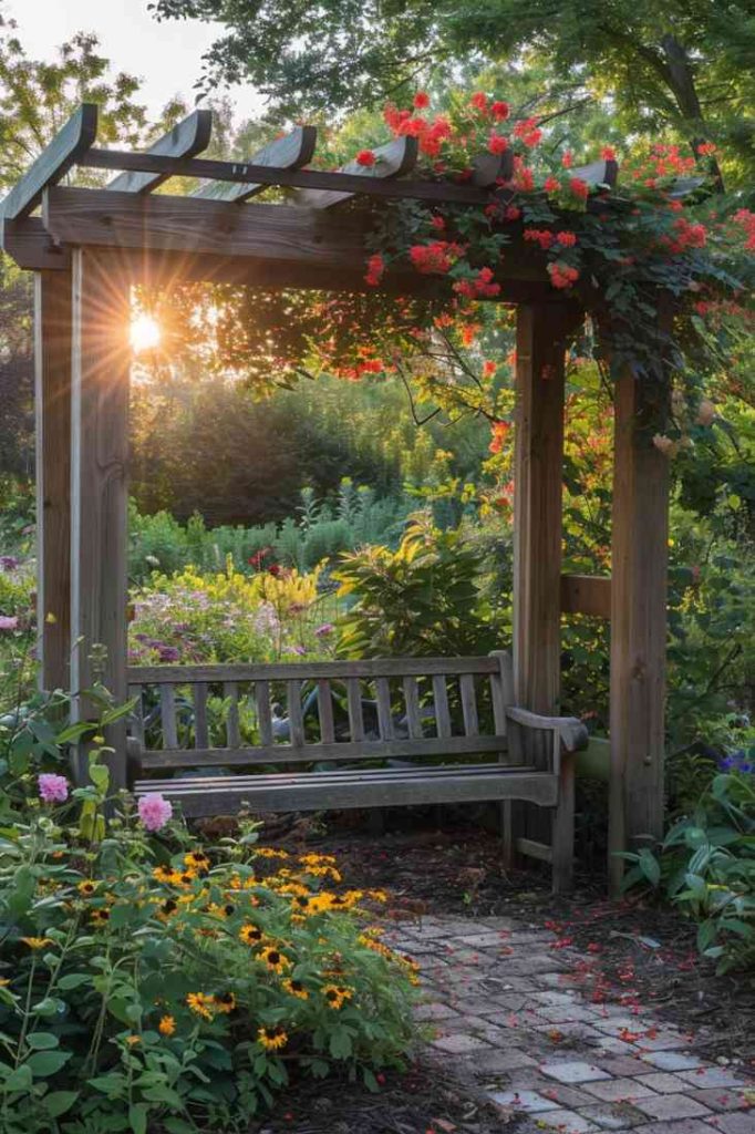 Make yourself comfortable in your trellis with an integrated bench, where you can relax and enjoy the fragrant embrace of the climbing flowers.