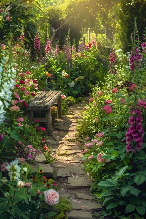 A winding cobblestone path invites you through a riot of blooming foxgloves and blushing roses, leading to a hidden garden bench.