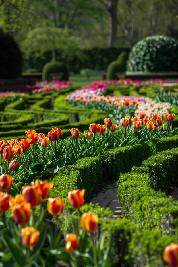 Geometric precision reigns supreme in this formal French parterre, where tulips rise like colorful sentinels between clipped boxwood hedges.