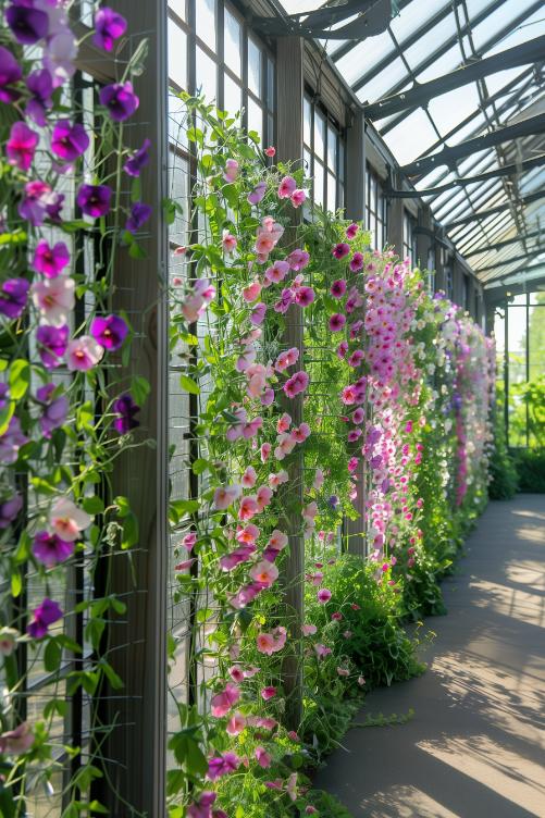 Sweet peas, with their delicate tendrils and perfumed flowers, intertwine along black trellises, creating an aromatic tapestry that covers the garden in blooming threads.