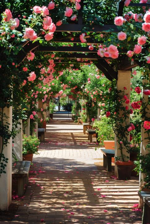 Roses, in hues ranging from blush pink to deep purple, climb around a charming archway, beckoning visitors into a secluded enclave full of floral splendor.