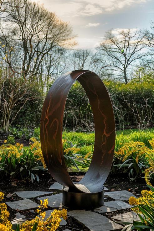 In this garden, contemporary metal sculptures rise from beneath forsythia bushes, their elegant forms reflecting the sun's rays in a striking display of light and shadow.