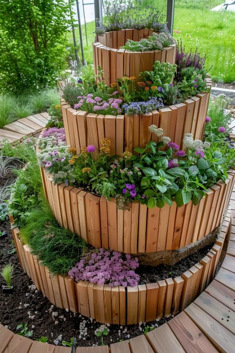 In this ingeniously designed herb spiral, fragrant flowering herbs such as basil and dill rise in a mesmerizing swirl, creating a vertical feast of scents and aromas.