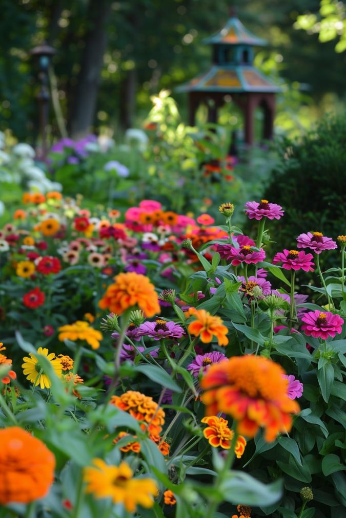 A kaleidoscope of zinnias and marigolds beckons a playful twist to the kids and the boy at heart with whimsical sunflower houses.