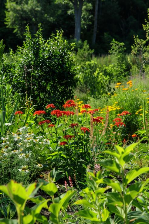 Coneflowers and Mondarda work in unison to revitalize a damp garden spot into a thriving, eco-friendly rain garden sanctuary.