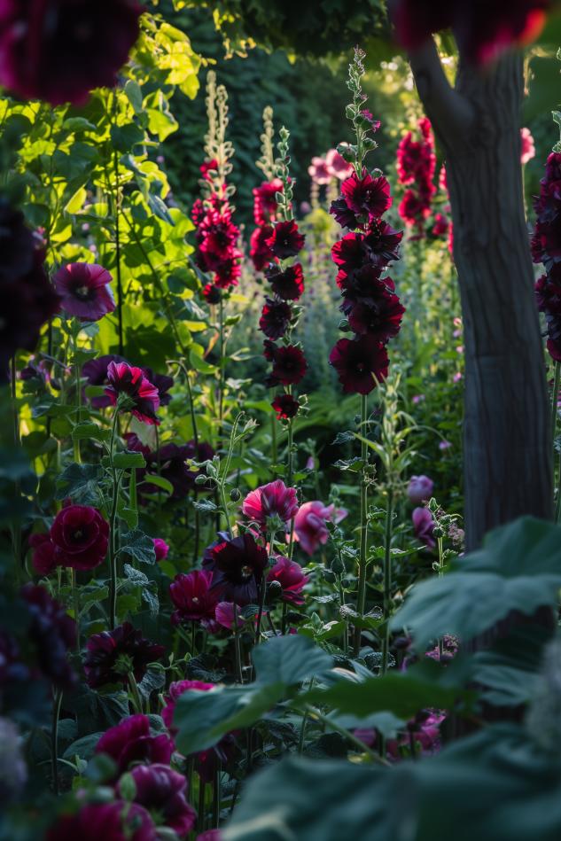 Tall, dark hollyhocks contrast with the green foliage, creating a scene of Gothic romance within the garden boundaries.
