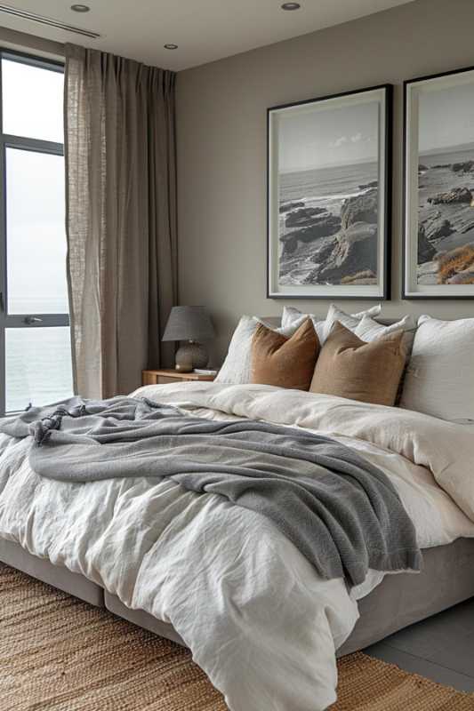 A modern bedroom has a neatly made bed with a white and beige bed linen, several pillows, a gray blanket, two framed pictures on the wall, a lamp and a window with curtains.