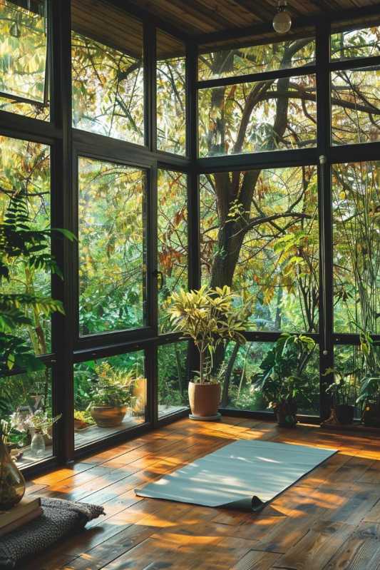 A yoga mat is placed on a wooden floor in a sunlit room with large windows and surrounding inner plants with a view of a garden with trees.