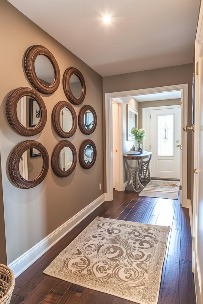 A collection of mirrors of various sizes arranged in a gallery wall not only decorates but also enhances the light within a small entryway, and the reflections give the illusion of a larger space.