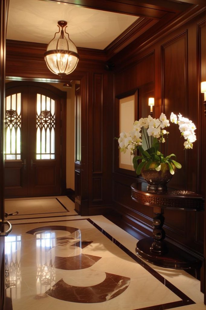 Art Deco-style lights cast a warm glow and intricate shadows into the entryway, adding a touch of sophistication to the space. It hangs over a beautiful mahogany console with white flowers.