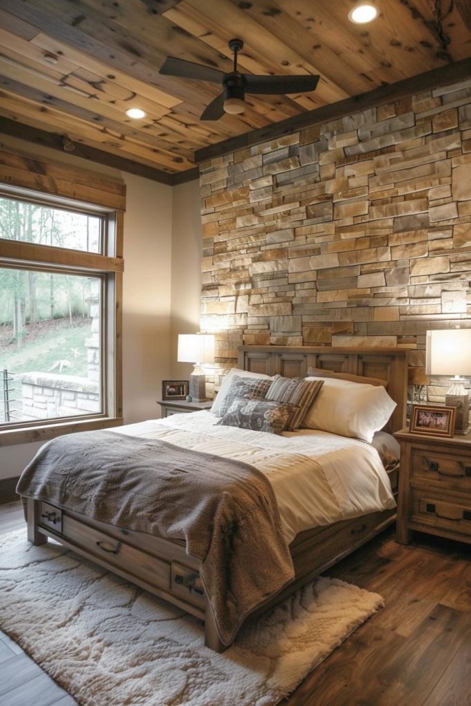 An natural stone accent wall grounds the room with its solid, earthy presence and testifies to rustic resistance.