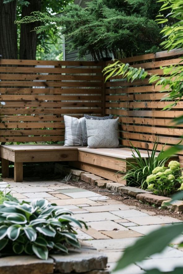 Integrating built-in seating into a privacy fence creates an inviting corner that is perfect for relaxing and unwinding while spending time in the garden.