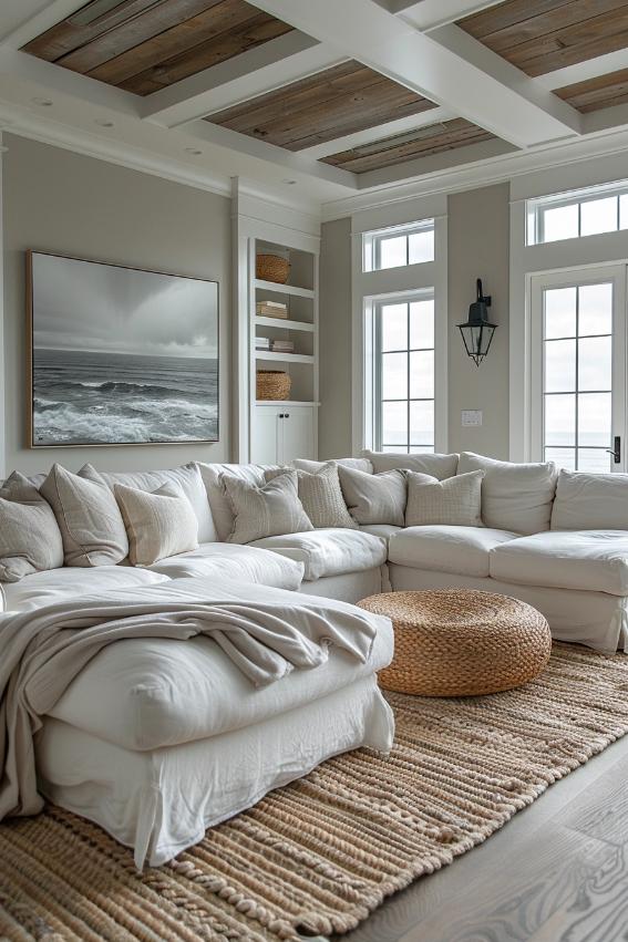 Soothing gray tones, paired with plush white bed linen, create an inviting coastal ambience that calms down like a gentle sea fog.