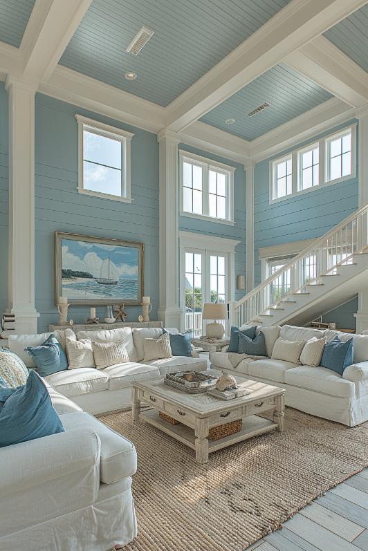 A gentle light blue color, which is reminiscent of flat beach waters, bathes the walls in a soft shade and invites thoughts to the tide and flowing tides.