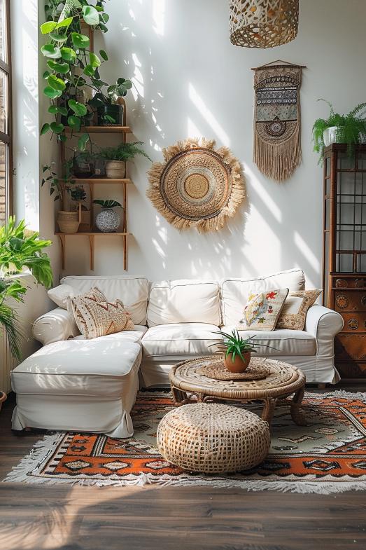 Bohemian patterns and green in different and different colored pots give the room with an earthy, relaxed ambience, while hand -woven slopes decorate the walls.