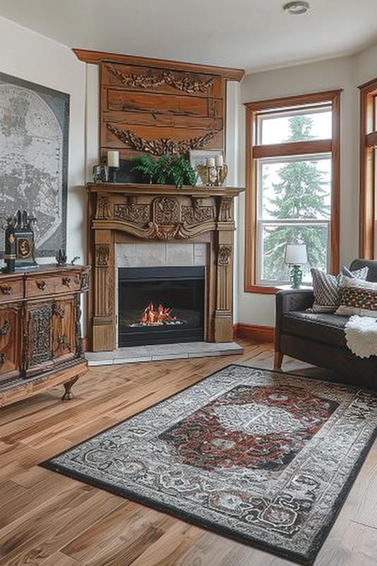 Complicated woodwork gives a traditional corner fireplace a playful note that brings a smile and warmth.