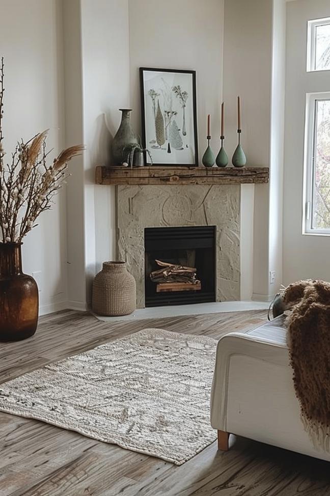 A desperate wooden mantle lovingly restored a classic corner chimney that exuded a nostalgic charm.