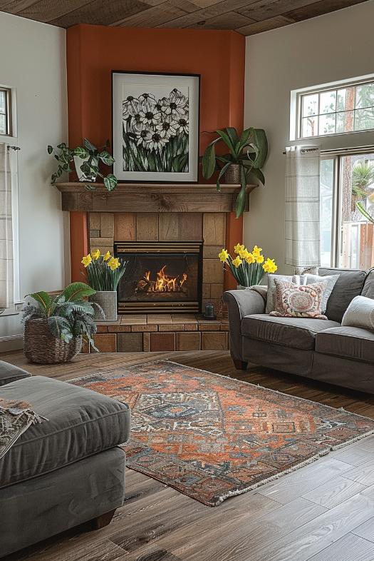 Bring this Italian landscape to your home. Terracotta tones and a decorated wooden coat grasp the warmth of a Tuscan sun in this corner of this corner.