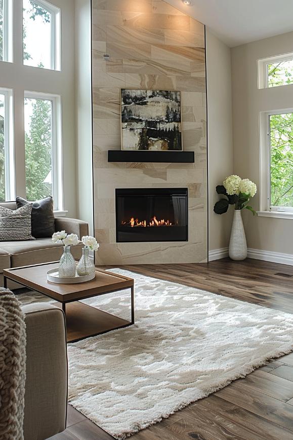 The contemporary contrast is the key in a corner chimney, with a dark edge defines a dynamic sound around a light fireplace and shows a perfect study in contrasting colors and colors.