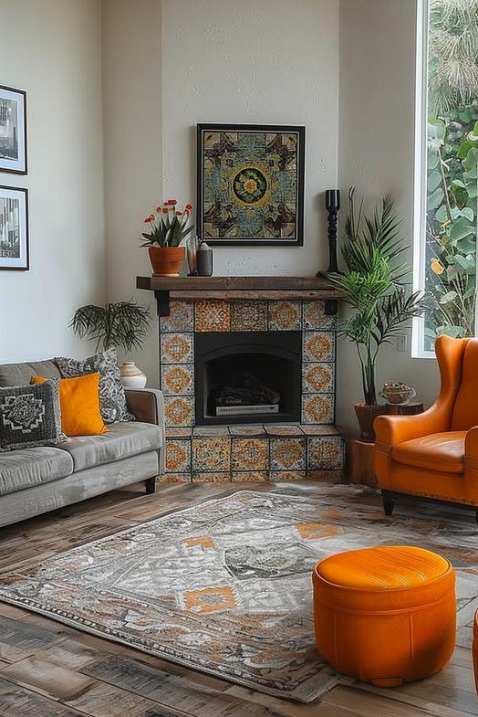 Boho-style tiles bring nostalgia and shine in a chic corner chimney.