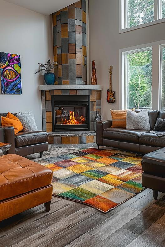 Tiles in different colors, surfaces and sizes around a corner chimney make the room alive and lively.