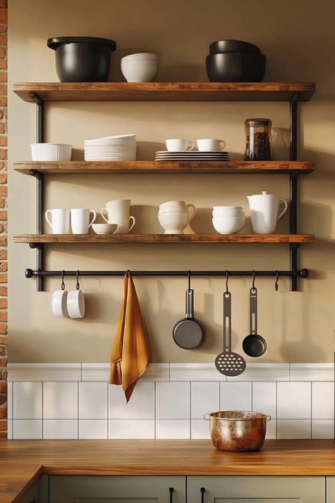 Open shelves with hooks offer a picturesque area for cups and utensils so that you can organize your kitchen and make sure that your favorite items are easily accessible.