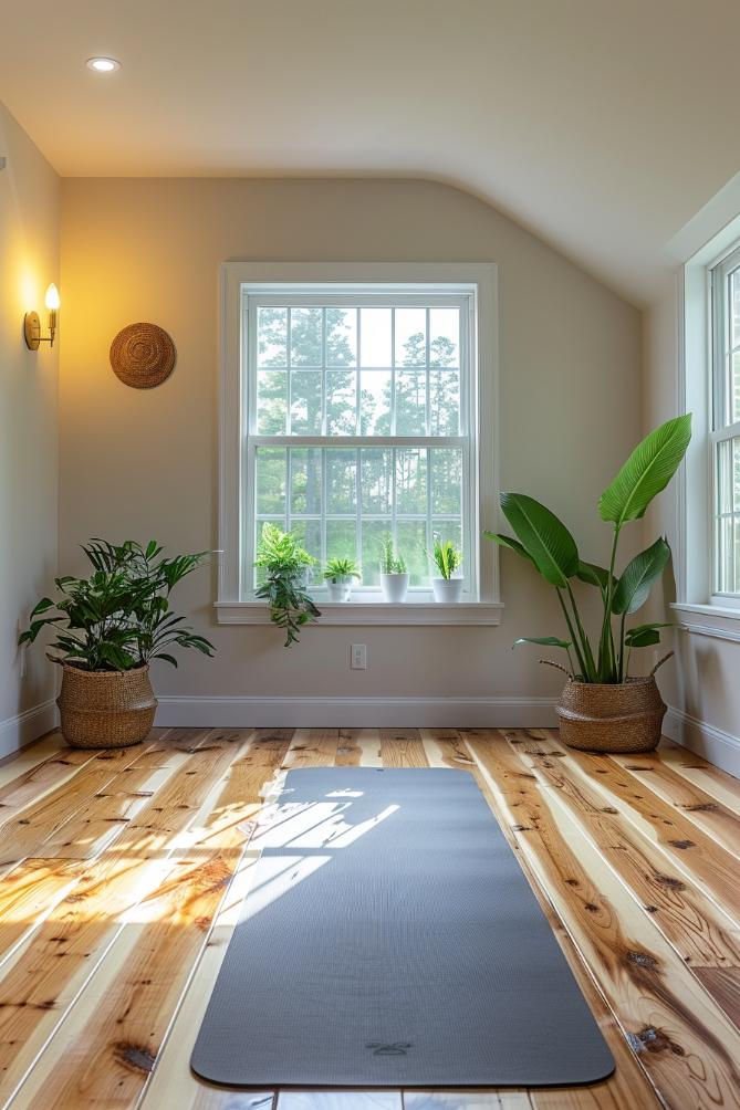 Surrounded by inner plants and a white window that is opposite a lonely yoga mat, it is at the center of this personal yoga studio, which promotes balance and calm.