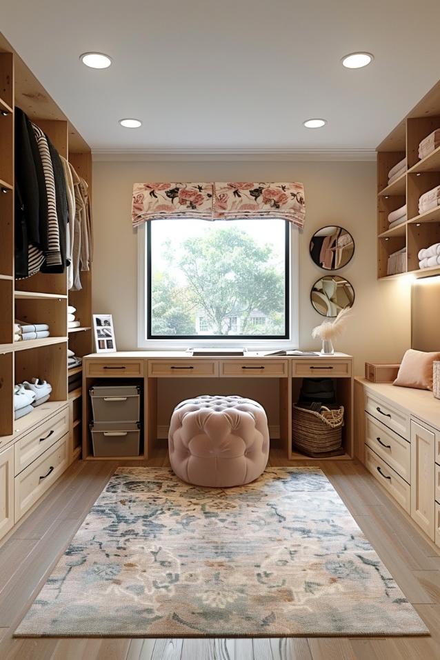 In this room, an office trial is converted into built -in storage next to a closet, which means that a surprisingly spacious and private dressing room is in a previously unused room.