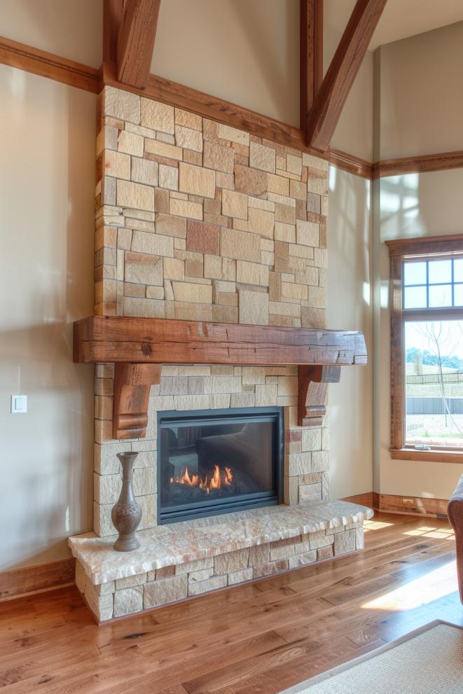 In this living space, earthy tones and textures come together with a richly stained wooden coat, which offers a focus of ground in the middle of natural stone chimney border.
