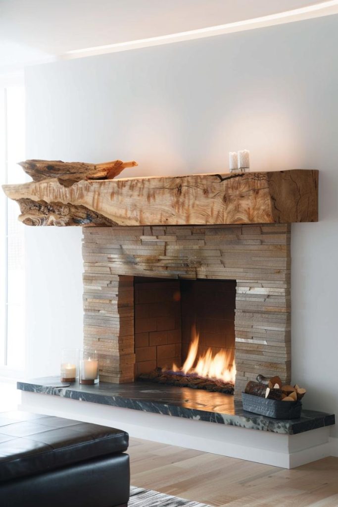 This wooden coat is aimed at attention with striking color variations and is a bold focus in the middle of a background of a reserved and minimalist fireplace.