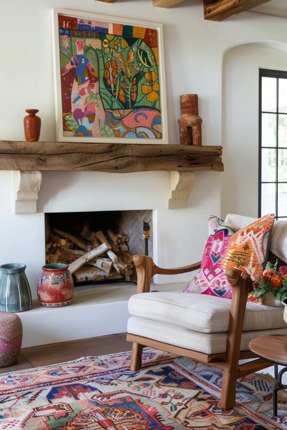 A wooden coat makes a statement and is noticeable that is crowned with lively work of art and structured ceramic, which complements its inherent heat.